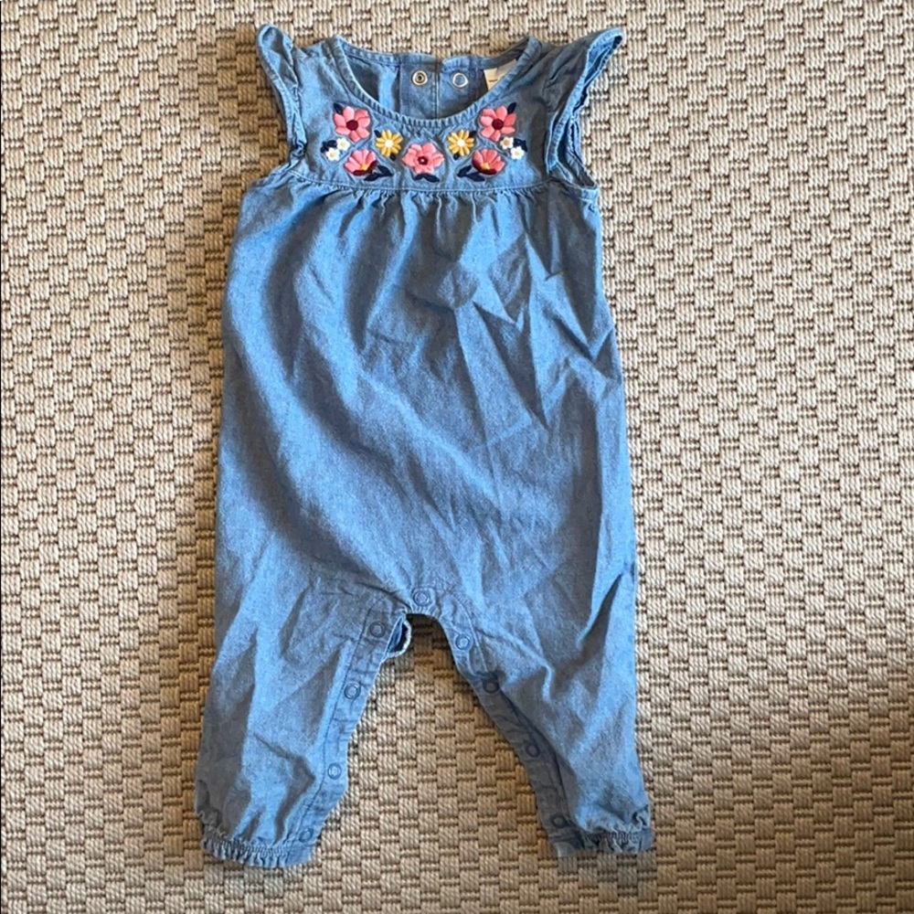 Denim Jumpsuit Overalls with Embroidered Flowers